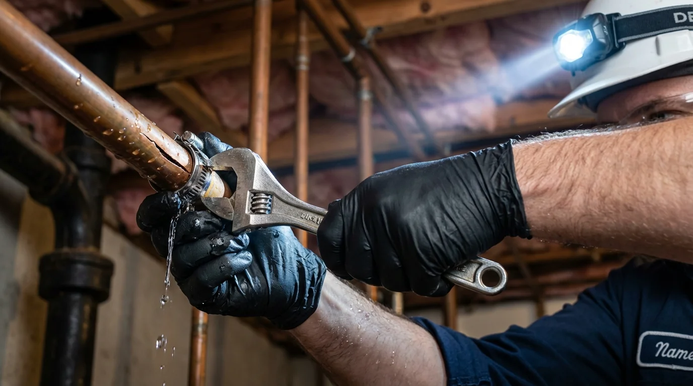 Emergency pipe clamp repair being performed by a Johns Plumbing LLC plumber in Delphos