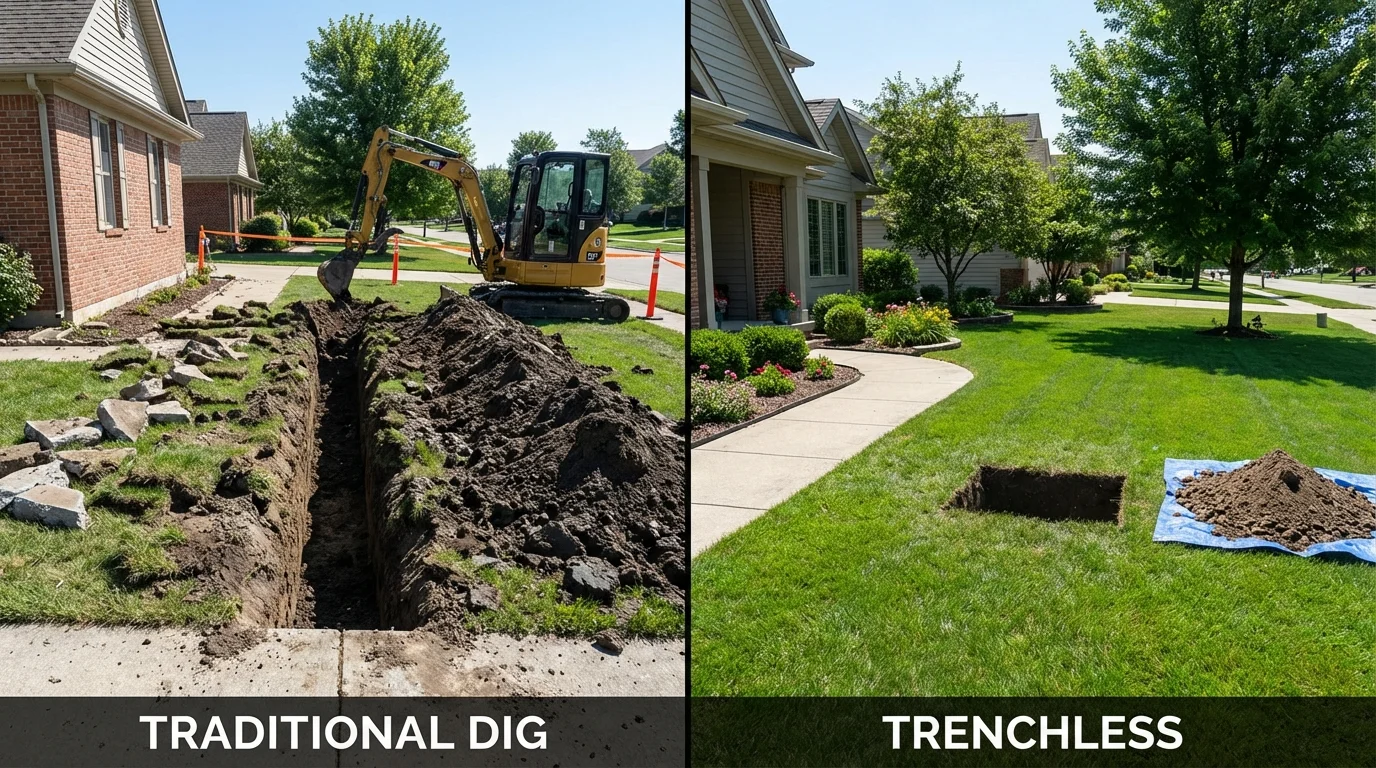 Trenchless sewer repair with minimal yard damage versus traditional excavation in Delphos, OH
