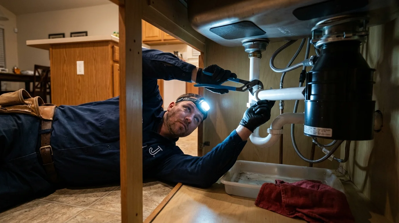 P-trap and supply line connections under a kitchen sink showing a common leak point in Delphos, OH